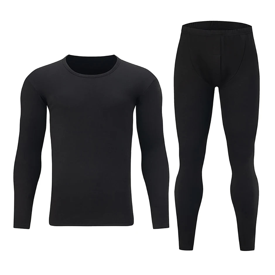 2-piece Men's Autumn/Winter Black Fashionable Versatile Warm Base Set Youth Round Neck Long Sleeved T-shirt Elastic Waisted Pant
