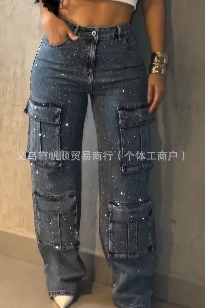 Women Jeans Denim Pant Vintage Wide Leg Long Pants High Waist Straight Trousers Y2k Streetwear Elegant Work Hot Drilling 2026