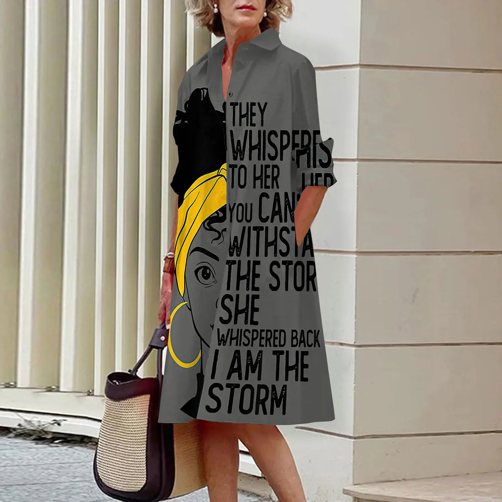 MCDV New Simple Women's Shirt Casual Queen Printed Long Sleeve Fashion Elegant Lapel Pocket Street Women's Dresses Noble Black