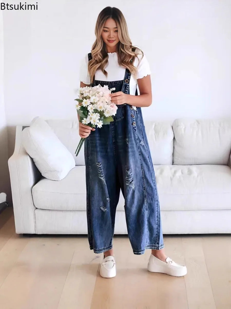 2026 Summer Women's Casual Loose Straps Jeans Vintage Hole Baggy Denim Pants Women Jumpsuit Harem Trousers with Pockets Overalls