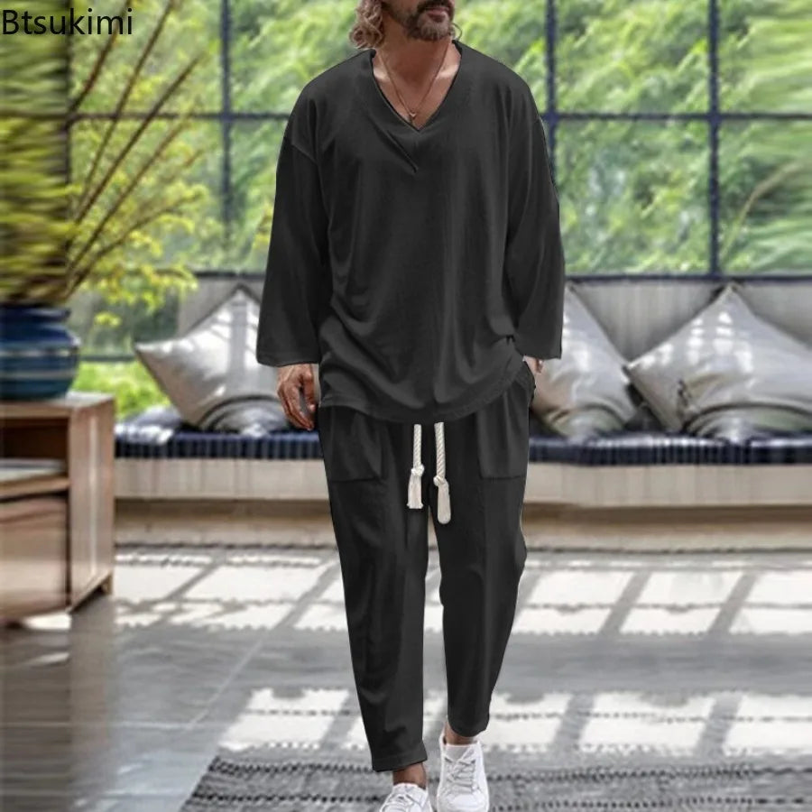 2026 Men Two Piece Sets Fashion Solid Tracksuits Summer Half Sleeve V-neck T-Shirt and Pants Loose Casual Outfit Male Streetwear