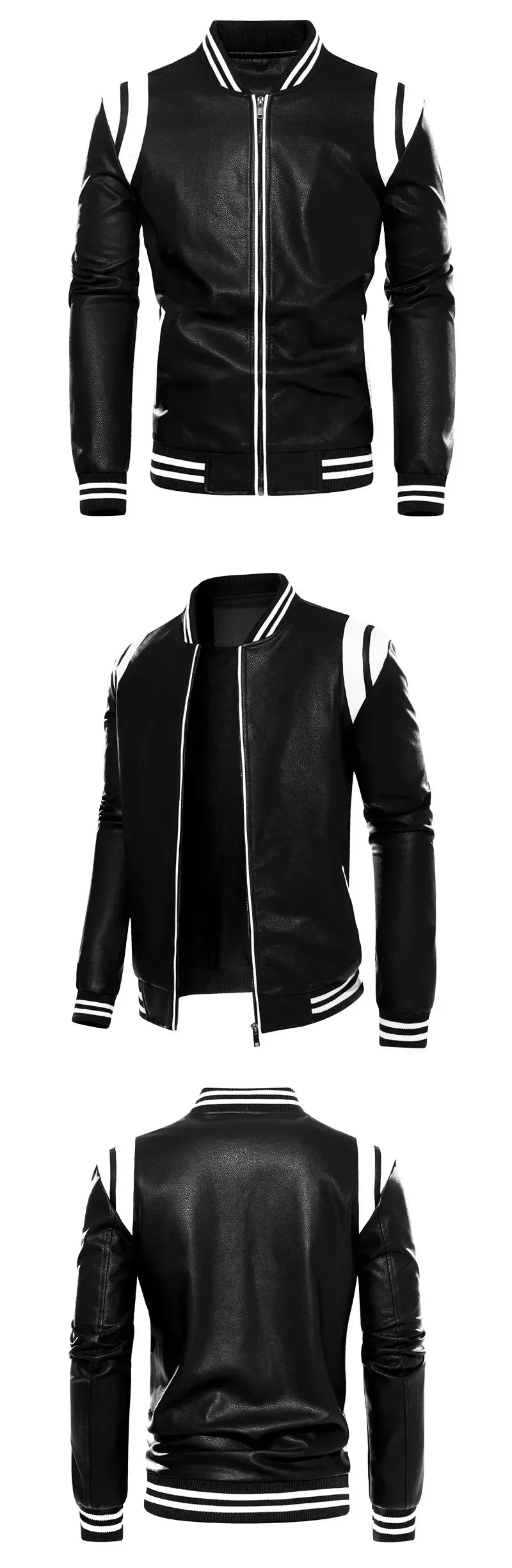 Motorcycle Men Leather Jacket Patchwork Biker Coat Motorcycle Jackets Mens Winter Casual Fleece Warm Coats Stripe Loose Outwear