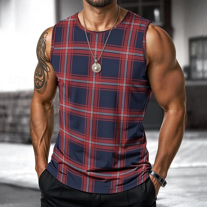 Retro Men's Vest Top 3D Print Plaid Striped Graphic Sleeveless Shirt Crew Neck Loose Streetwear Summer Fashion Casual Tank Tops