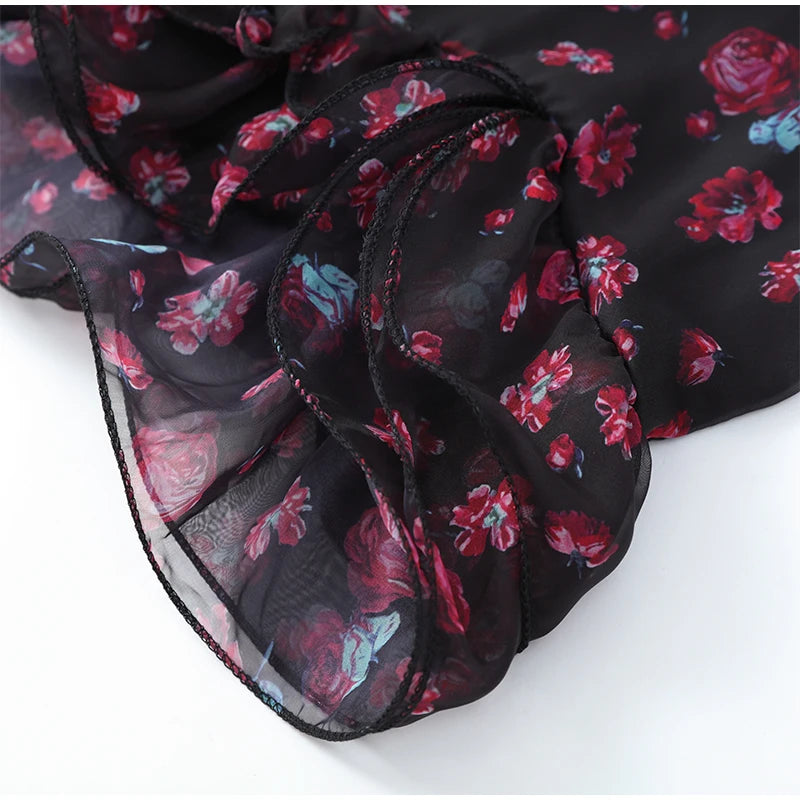 Red Floral Print Peter Pan Collar Dress Women Puff Sleeve V-neck High Waist A-line Mini Dresses Lady Evening Dinner Vestido 2026