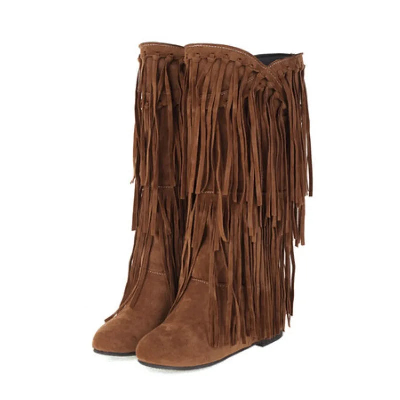 2025 New High Boots Women Bohemian Flock Tassle Mid-Calf Boots Wedge Booties Autumn Winter Ethnic Casual Shoes zapatos de mujer
