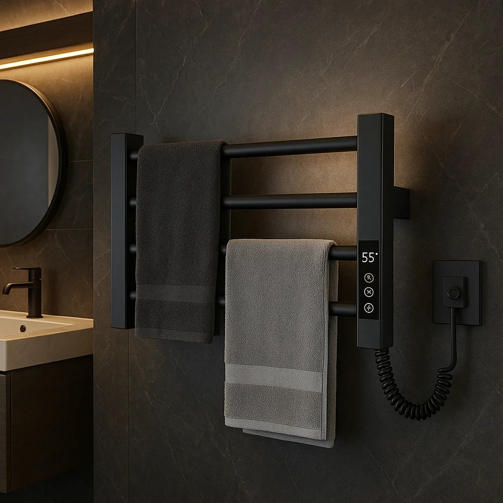Wall Mounted Black Digital Display 304 Stainless Steel Electric Towel Warmer for Hotels Bathrooms Featuring Heater Technology