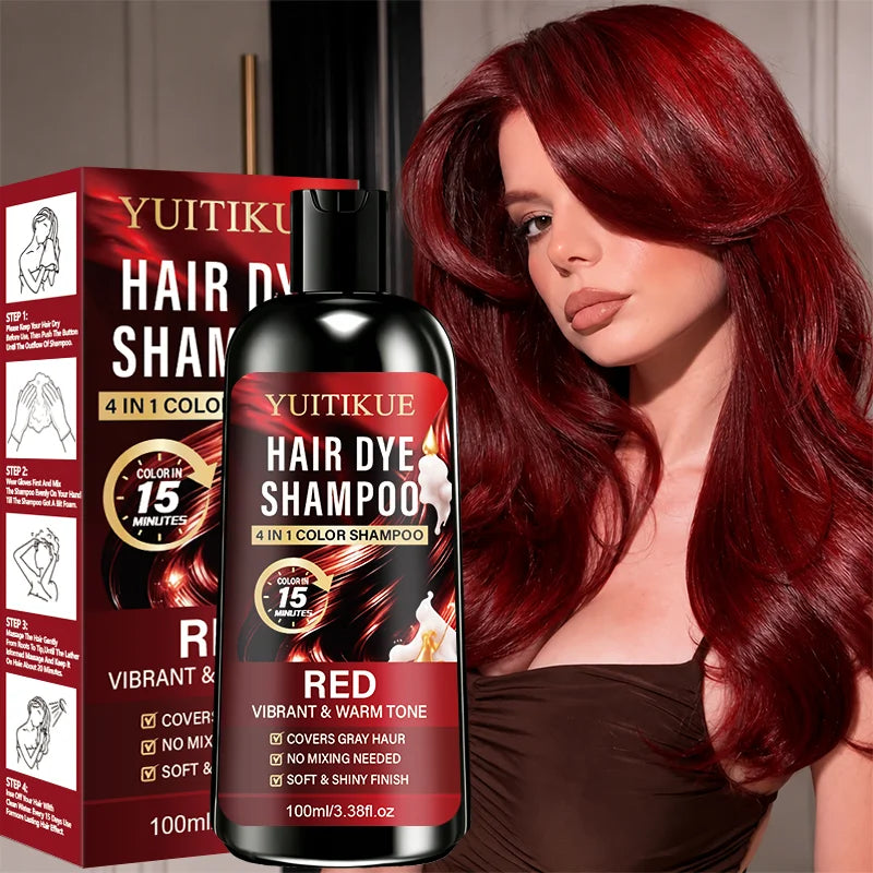 100ml Red 4IN1 Hair Color Shampoo 15 Mins Fast Dye Cover Grey Hair Salon Shine Effect No Mix Needed Warm Vibrant Red Tone