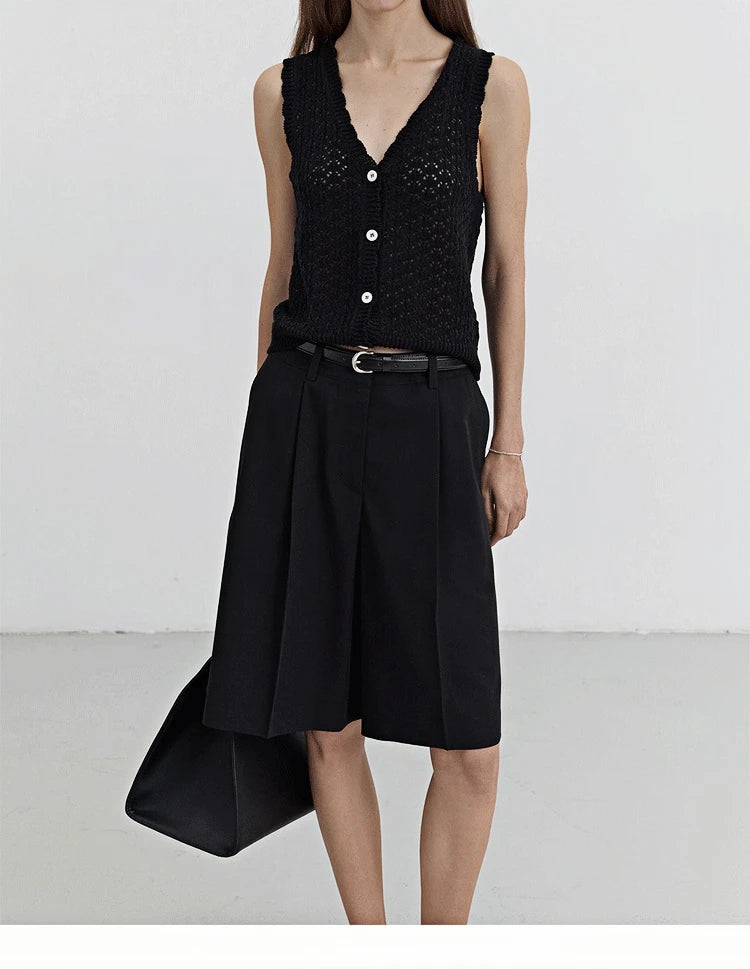 High Waist Suit Short Pants Women's Casual Loose Straight Leg Pants Summer Five Parts Outwear Comfortable Polyester Fiber