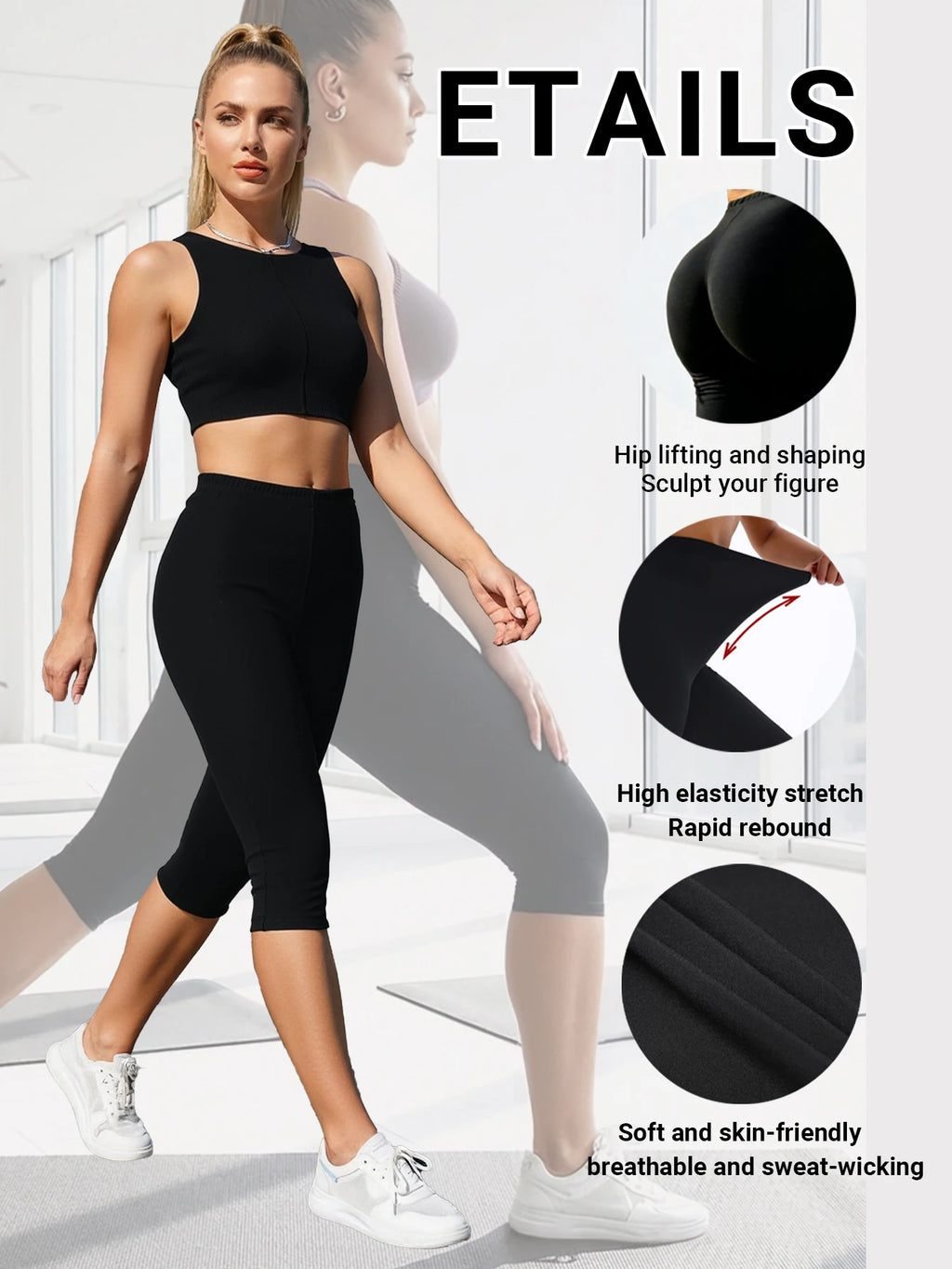New Black Openwork Mesh Capris Leggings Stretchy Breathable Soft Sports Fitness Pants Everyday Wear Stylish Casual Tights