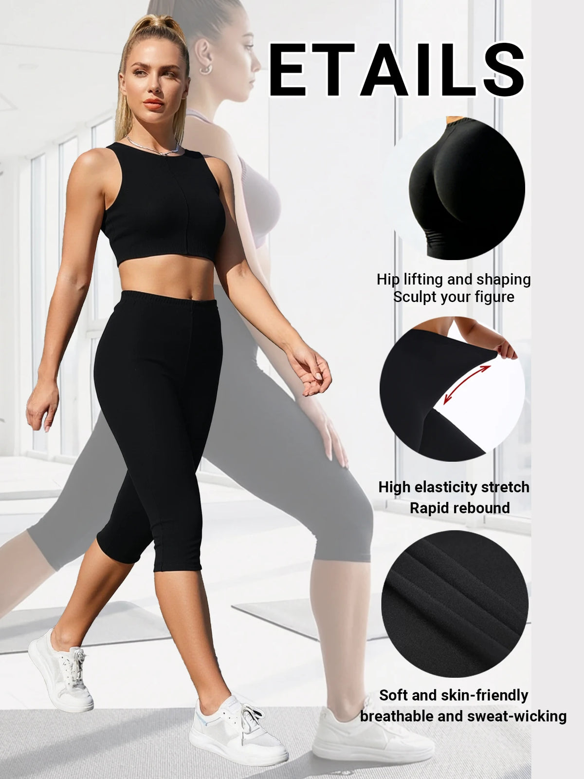 New Black Openwork Mesh Capris Leggings Stretchy Breathable Soft Sports Fitness Pants Everyday Wear Stylish Casual Tights