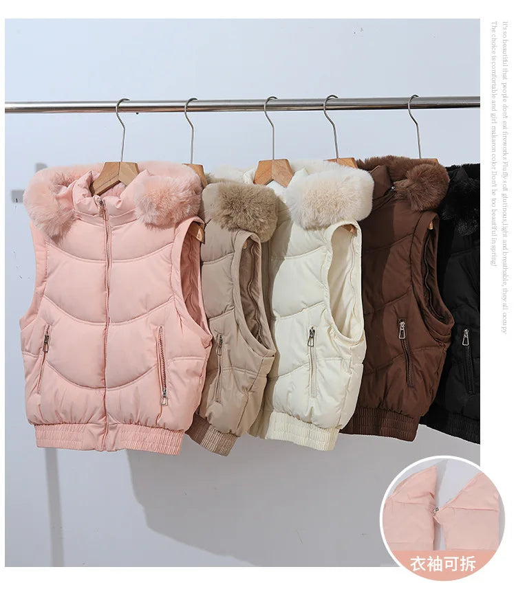 Winter Thickened Short Korean-Style Cotton-Padded Jacket with Fur Collar for Petite Women Warm Coat down Filled