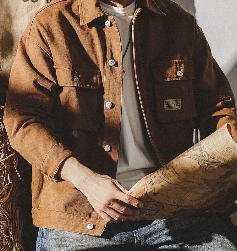Men's Denim Jacket Vintage Brown Male Jean Coats Cargo Designer Washed Clothing Winter 2025 Korean Style Elatic Original Cowboy