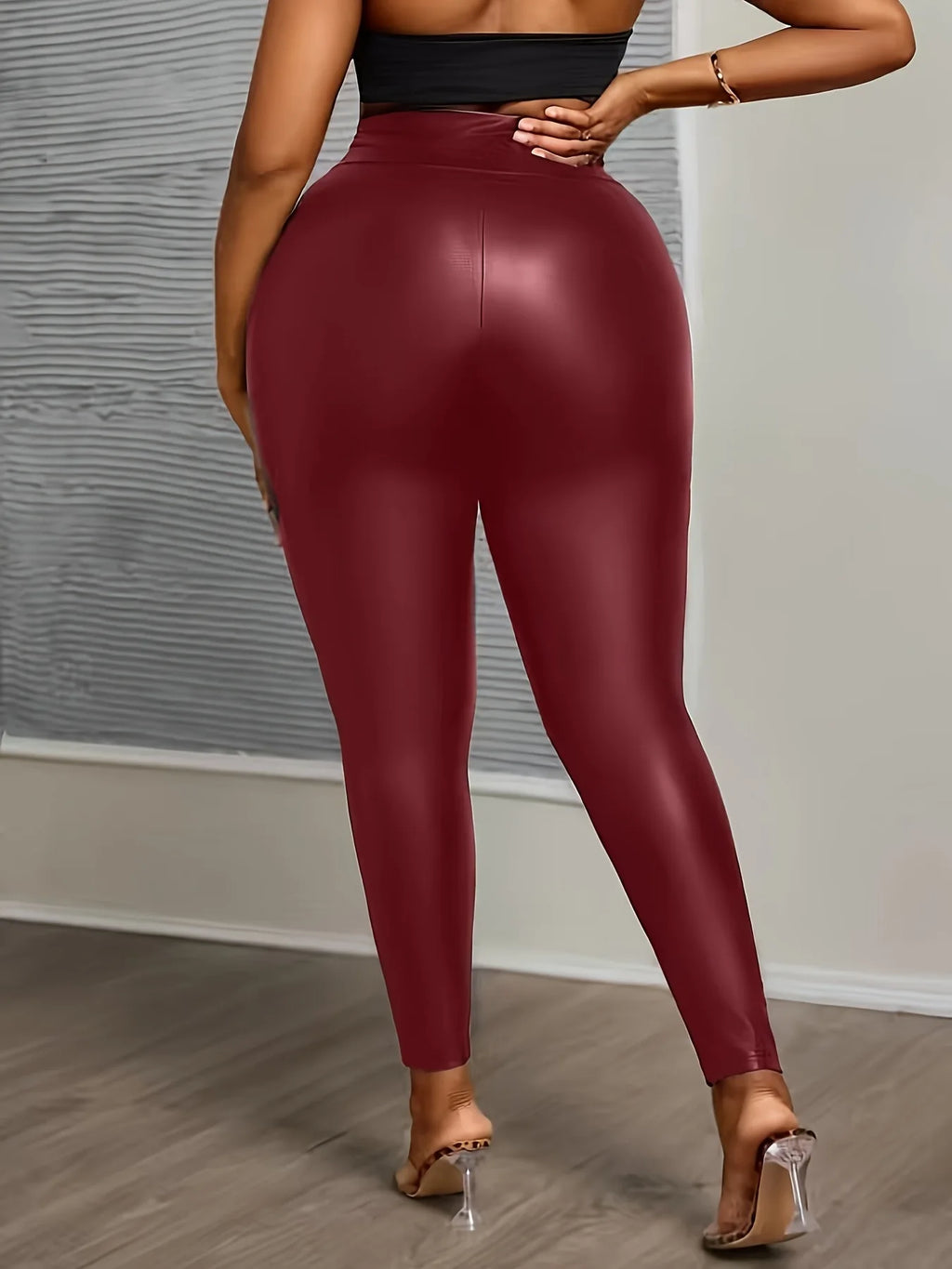 Plus Size Buttoned Slimming High-Waisted PU Leather Pants for Women