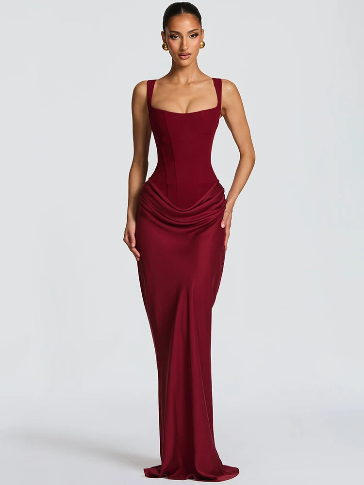 Mozision Elegant Backless Sexy Maxi Dress Women Gown Fashion Square Collar Sleeveless Skinny Ruched Club Party Long Dresses