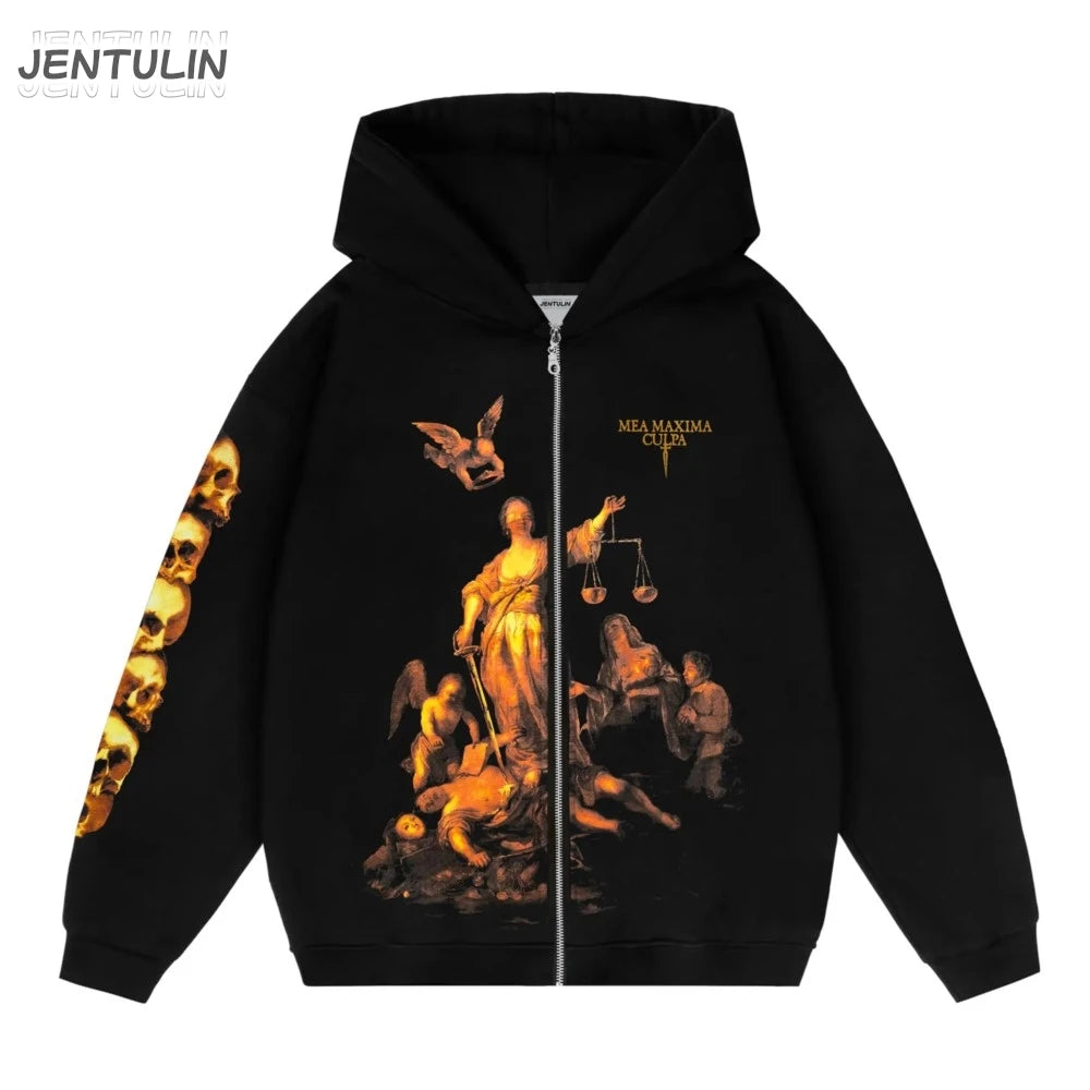 Y2K Retro Hoodie Men Printed justice Print Pullover Sweatshirt Harajuku Hip Hop Streetwear Oversized Jacket Unisex Zipper Hoodie