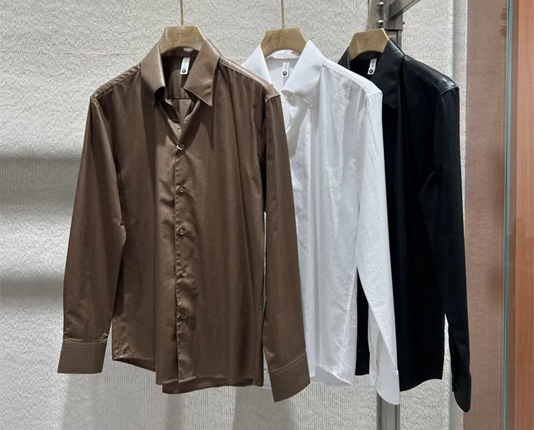 Men's 2026 Spring Luxury Lyocell Cotton Shirt, Leather-Like Texture Jacquard V-Neck, Long Sleeve Business Casual Top