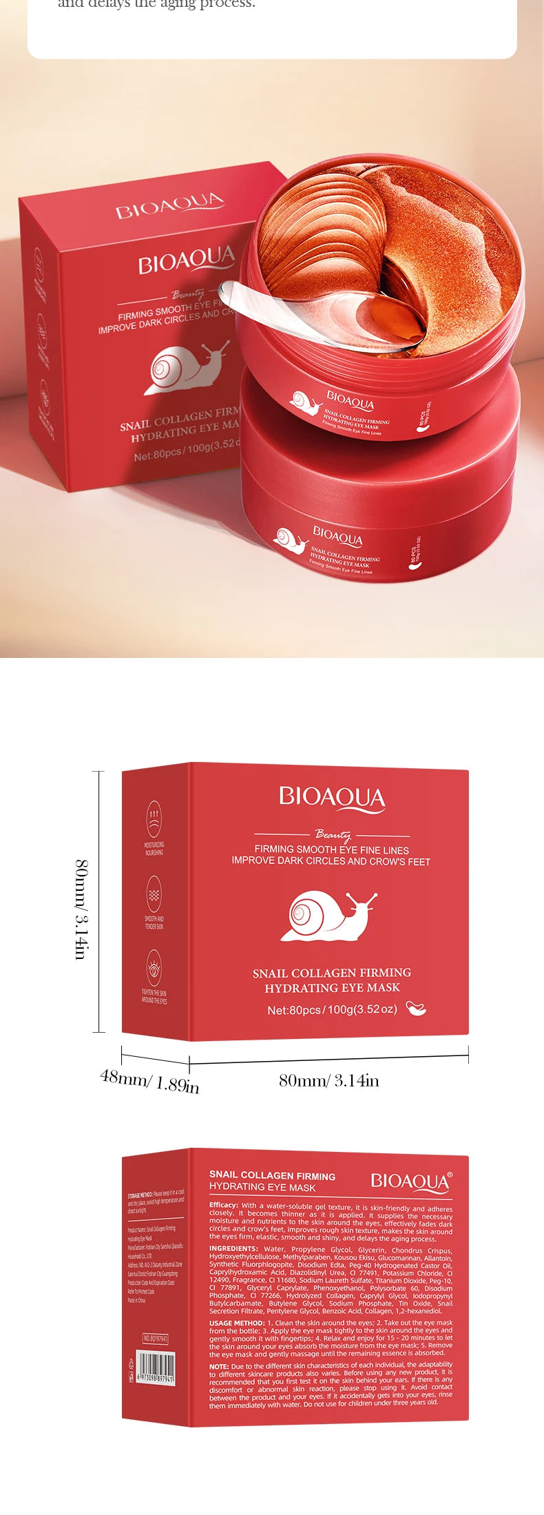 80pcs BIOAQUA Snail Crystal Collagen Eye Mask Anti Dark Circles Eyes Bags Anti-Wrinkles Moisturizing Anti-Aging Eye Patches