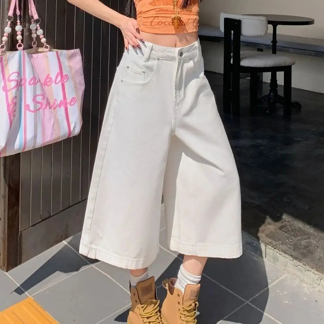 Retro High Waist Wide-leg Jeans Women Summer New Fashion Loose Straight Calf-Length Denim Pants Female Orange Whiter Cowboy Pant