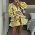 2025 Autumn New Stylish And Elegant Flower Print Women's Mini Dress Chic V-neck Puff Long Sleeve Double Layer Ruffle Mini Dress