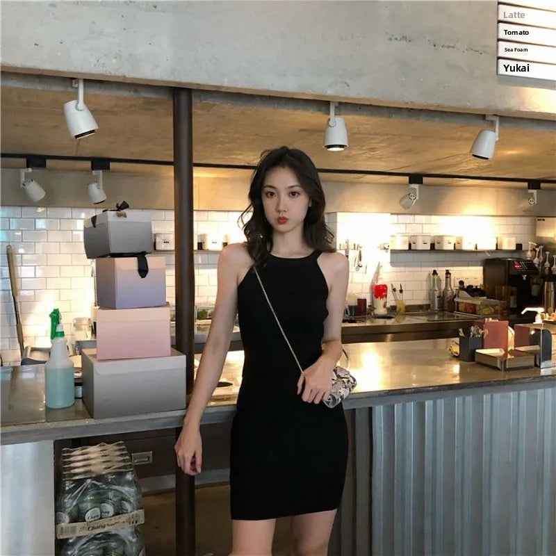 Summer New Style Hong Kong Flavor Slimming Sexy Girl Neck Hanging Bodycon Dress Shoulder Exposure Knitted Strap Dress Women
