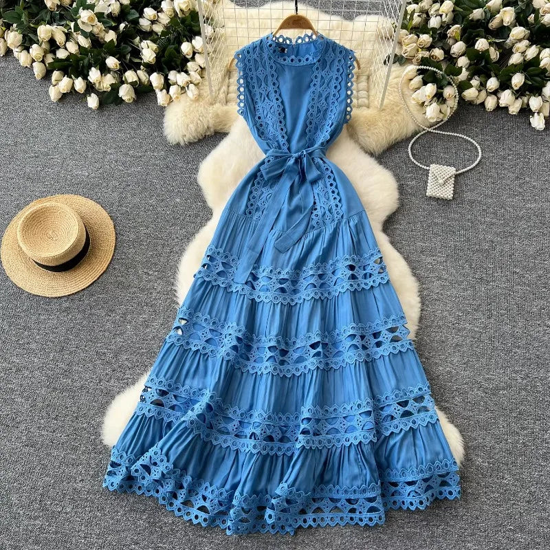 Sexy Hollow Out Embroidery O Neck Sleeveless Bandage Long Dresses Chic Evening Party Summer Vestidos Women Hip Wrap Clothing