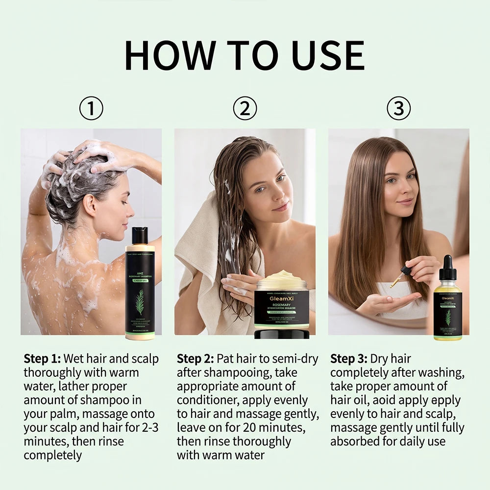 Rosemary Hair Set Shampoo Conditioner Oil Nourishing Smoothing Hydrating Silky Shine 3pcs Daily Care