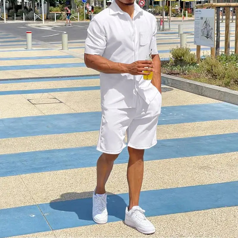 2026 Men's Summer Solid Casual Sets Comfy Cotton Linen Short Sleeve Lapel Shirt and Shorts Two Piece Sets Men Loose Sport Outfit