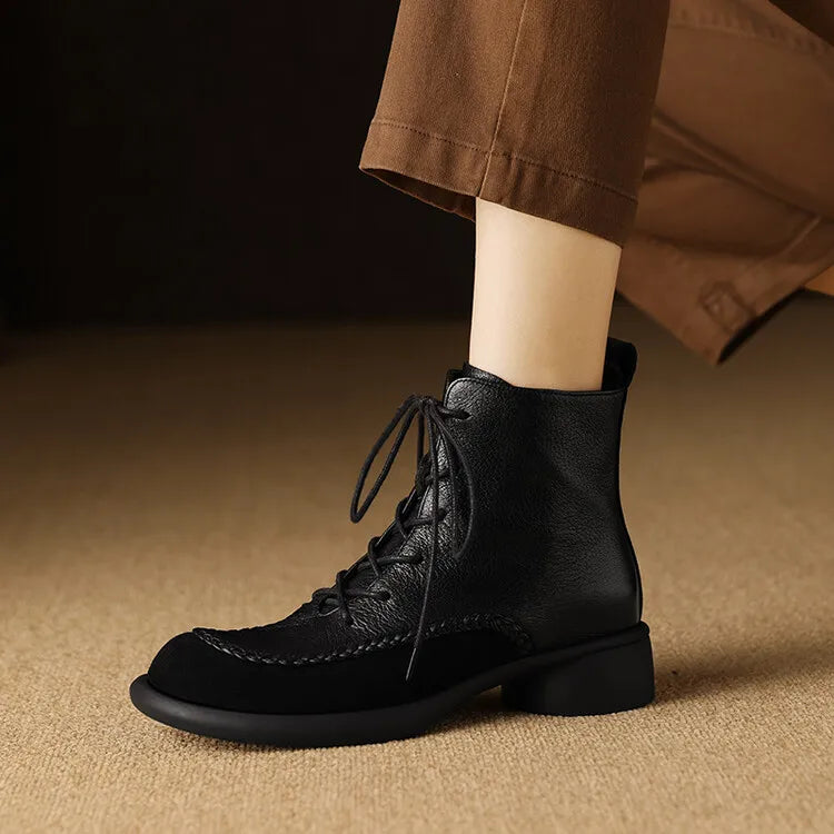 New Autumn Winter Genuine Leather Women Boots Fashion Lace Ankle Boot for Women Short Boots Shoes Chunky Heel Botines Mujer