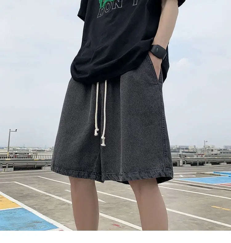 New Men's Fashion Vintage Jeans Summer Loose Casual Male Wide Leg Knee Length Shorts Washed Short Denim Pants Male Streetwear