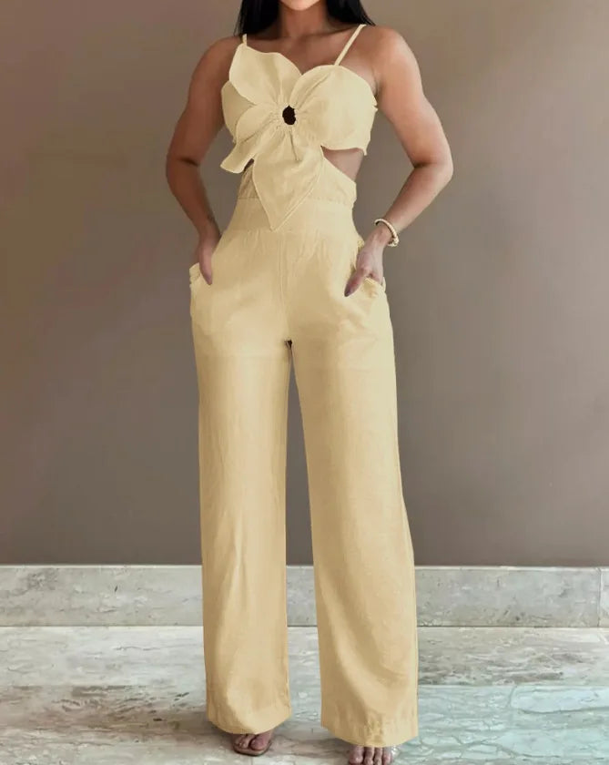 2026 Summer Spaghetti Strap Fashion Jumpsuit Women's Floral Pattern Hollow Casual Asymmetrical Collar Backless Jumpsuit Trousers