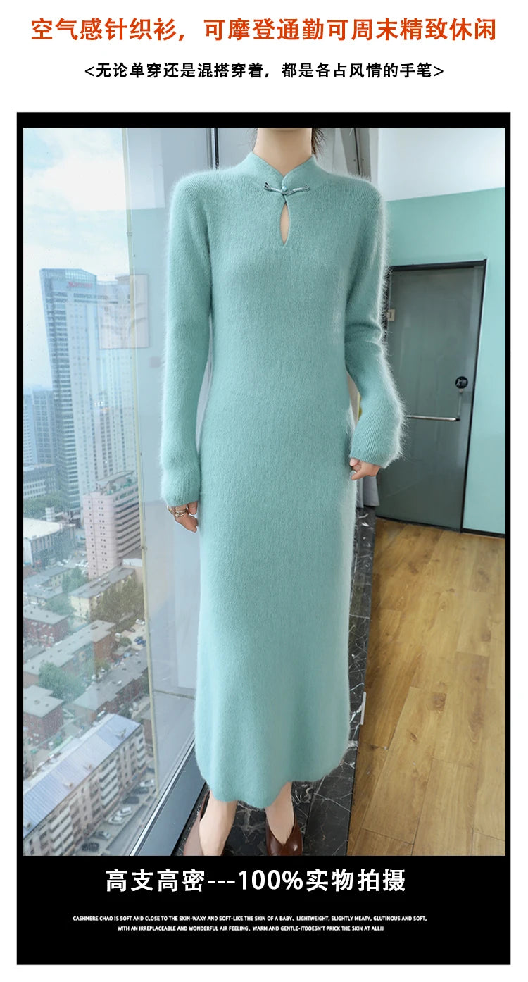 Women' 100%Pure Mink Cashmere Dress Stand-Up Collar Buckle Slim Knit Long Skirt Fashion High Waist Over The Knee Bottoming Dress