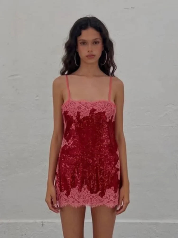 Sequin Lace Trim Patchwork Dress Women Chic Sleeveless High Waist Suspenders Sling Short Dresses 2026 Sexy Party Club Outfits