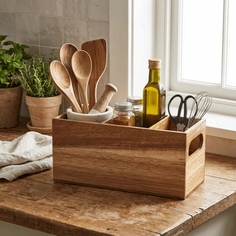 Kitchen Tools Wooden Utensil Organizer Space Saving 3 Compartment Cutlery Holder Rustic Durable Storage Rack Kitchen