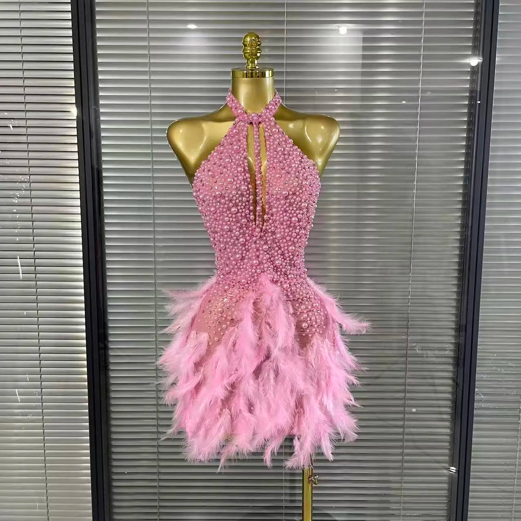 Shining Beading Women Sexy Halter Backless Feathers Bodycon Mini Dress Nightclub Party Celebrate Birthday Photoshoot Outfit