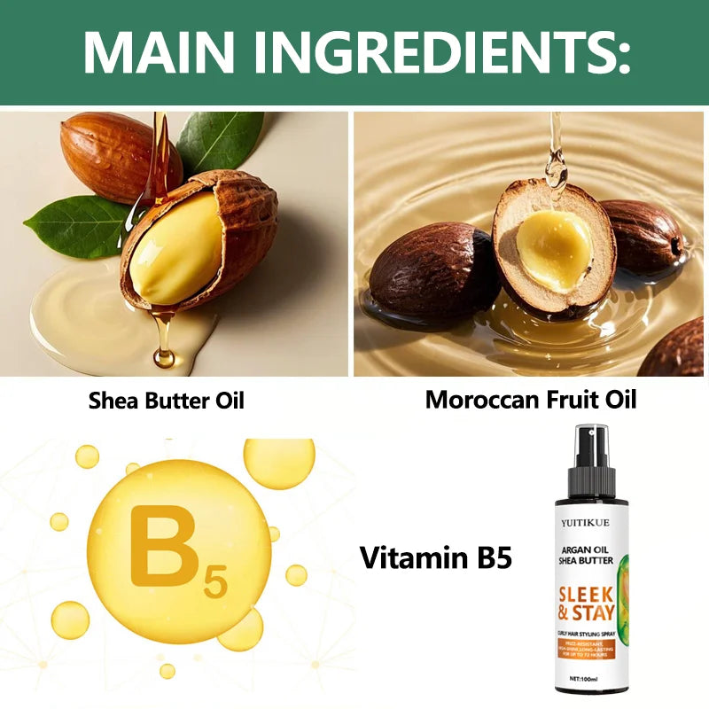 YUITIKUE Argan Oil Shea Butter Curly Hair Styling Spray Sleek Stay Frizz Resistant High Shine Long Lasting Hair Care