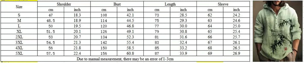 Spring and Autumn Men's Shirt Linen Fashion Casual Bamboo Hawaiian Style Printed Shirt Men's Top Long Sleeve Hooded Pullover