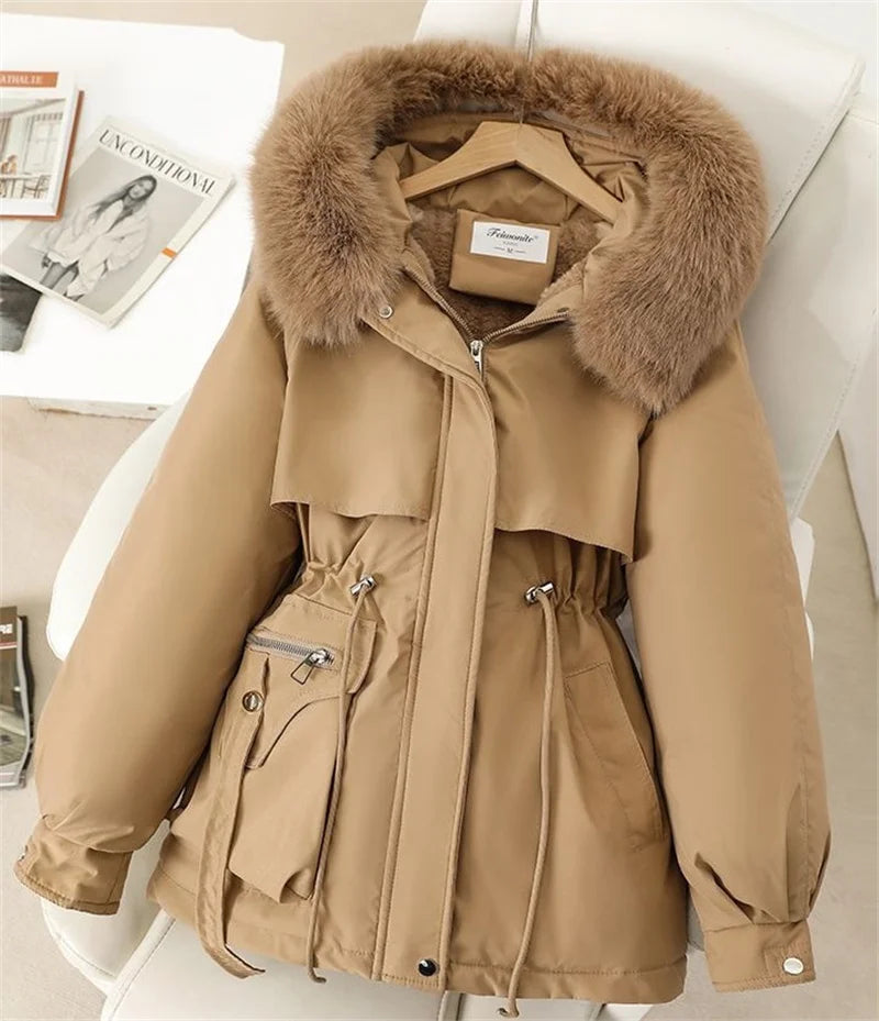 Fleece Lined Hood Down Jacket Winter Coat for Women Warm Drawstring Padded Parkas Korean Casual Streetwear Female Puffer Outwear