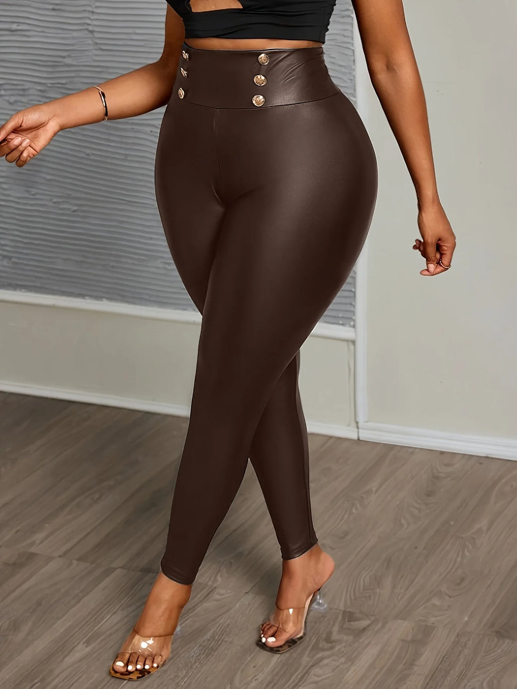 Plus Size Buttoned Slimming High-Waisted PU Leather Pants for Women