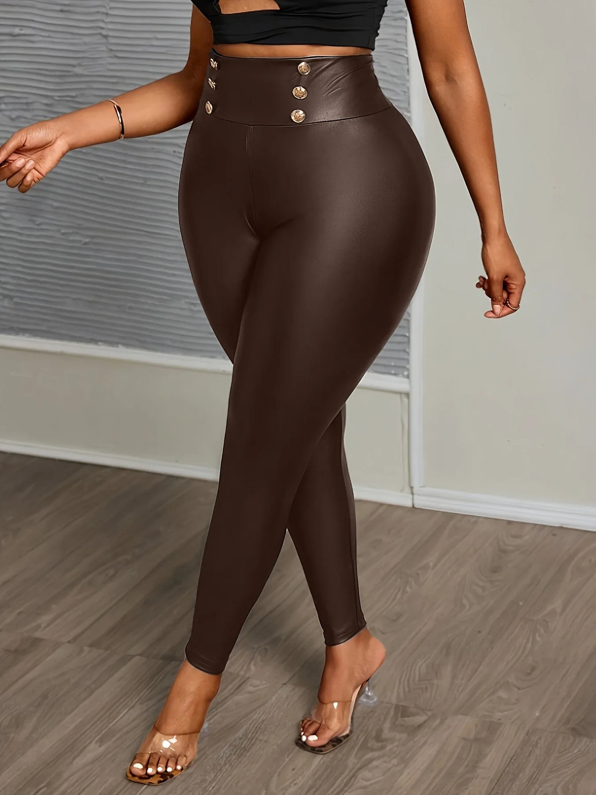 Plus Size Buttoned Slimming High-Waisted PU Leather Pants for Women