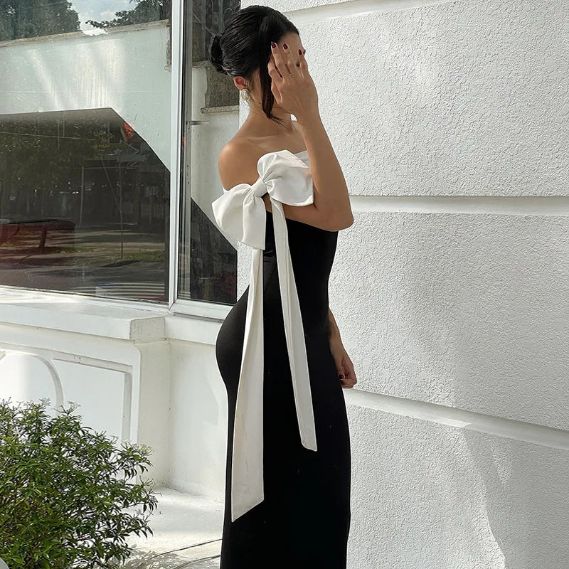 Hmsevenjz Black and White Bow Off Shoulder Long Dress for Women's Summer Sexy Slim Fit Short-sleeved Elegant Dress