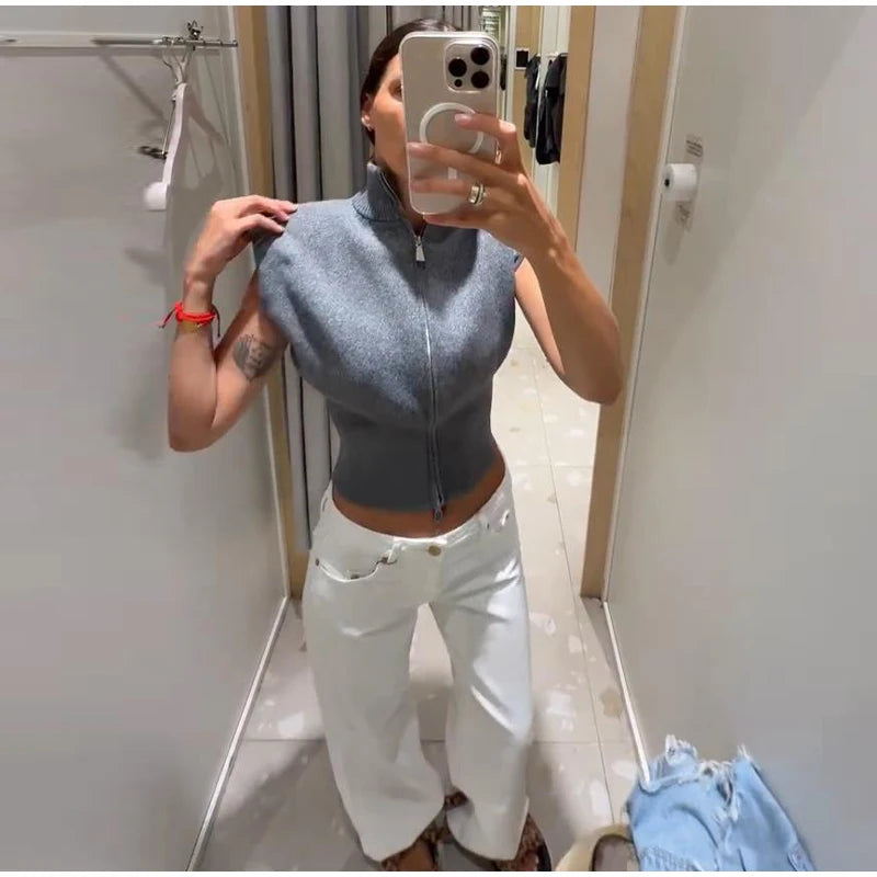 Women's Double Zipper Knit Vest Stand Collar Shoulder Pad Sleeveless Slim Cropped Sweater 2026 Autumn All-match Casual Outfits