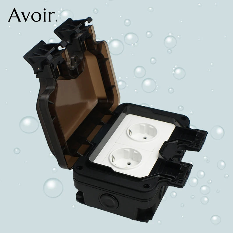Avoir EU Standard Power Socket IP66 Weatherproof Black Box 16A Outdoor Electrical Outlet With Indicator Wall Dustproof Plug 220V