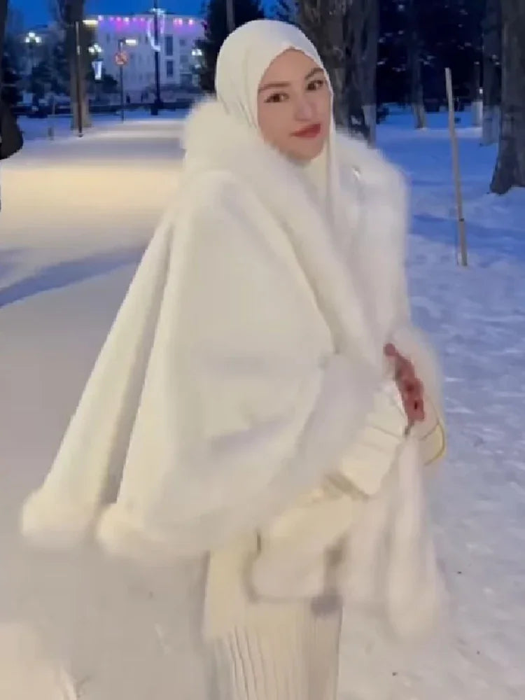Women Luxury Furry Trim Hooded Cape Coat Warm Loose White Shawl Cloak Winter Fashion Evening Party Festival Elegant Lady Outfit