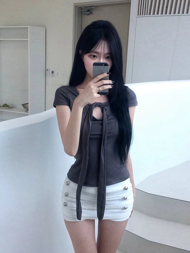 Nibber High Elasticity Hottie Double-Breasted Decoration Short Women Folds Elastic Waist Midnight 2026 Summer Fashion Streetwear