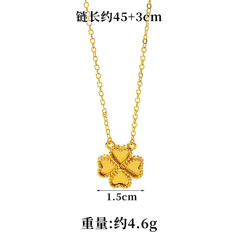 Luxury 24K 9999 Pure Gold real gold Women's Simple Style Lucky Grass Bracelet Flower Necklace Earrings Set