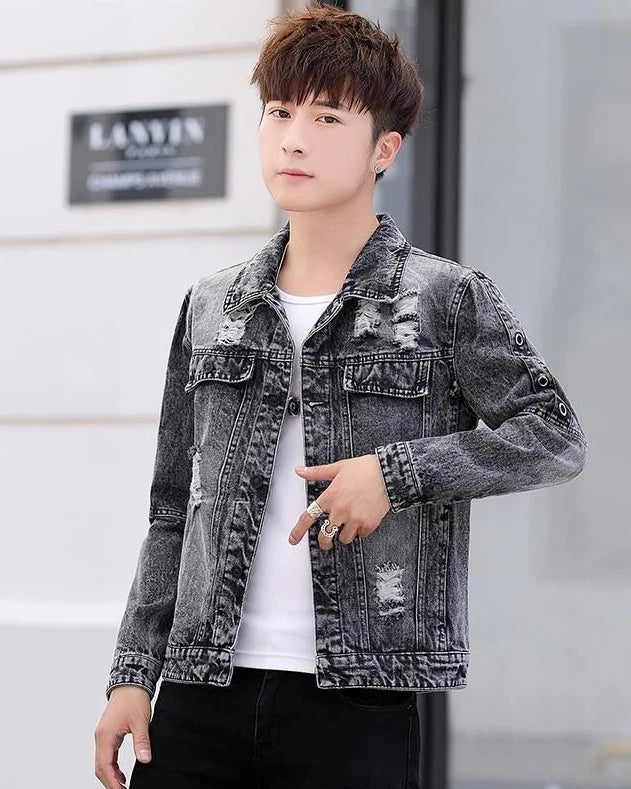 Ripped Button Men's Denim Jacket Washed Branded of Fabric Trendy Casual Original Aesthetic Fashion Male Jean Coats Fast Delvery