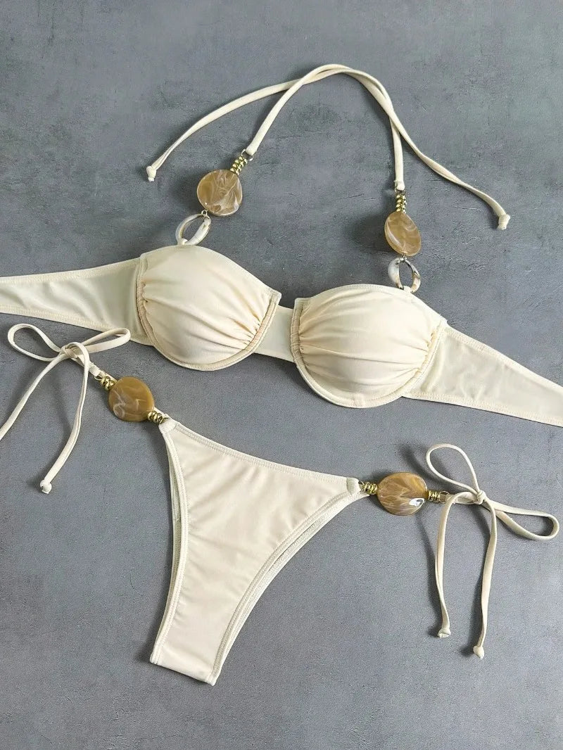 New Women's Sexy Halter Neck Backless Bikini Set Two-Piece Swimwear Solid Color Euro American Style Summer Beach Fashion