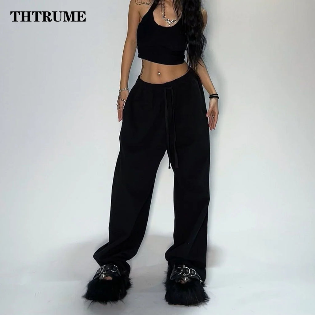 Casual Women Solid New Pant Fashion Summer Oversized Vintage Pocket Drawstring Wide Leg Pants Elegant Loose Baggy Chic Trousers