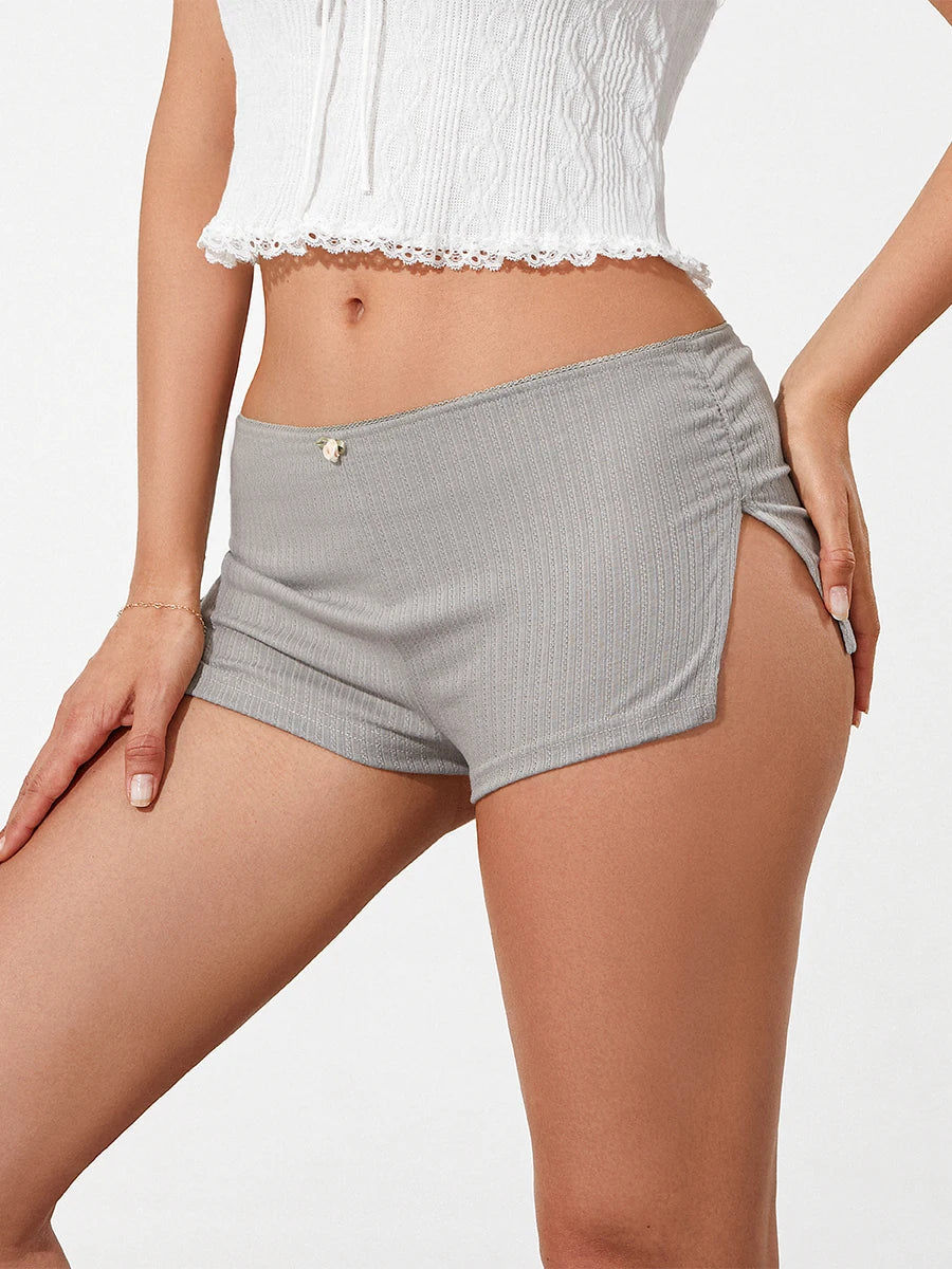 Puloru Summer Flower Decor Low Rise Hot Shorts Sexy Fashion Women's Elastic Band Slit Hem Bodycon Short Pants for Lounge Street