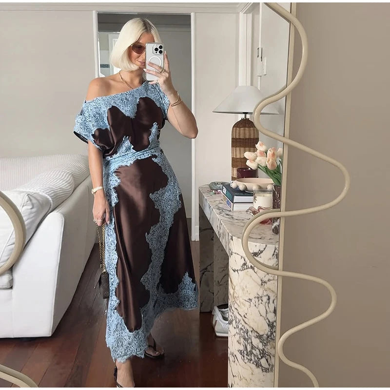 Elegant Lace Patchwork Long Women's Dress Urban Skew-collar Short Sleeve Empire Female Dresses 2026 Summer Vacation Lady Robe